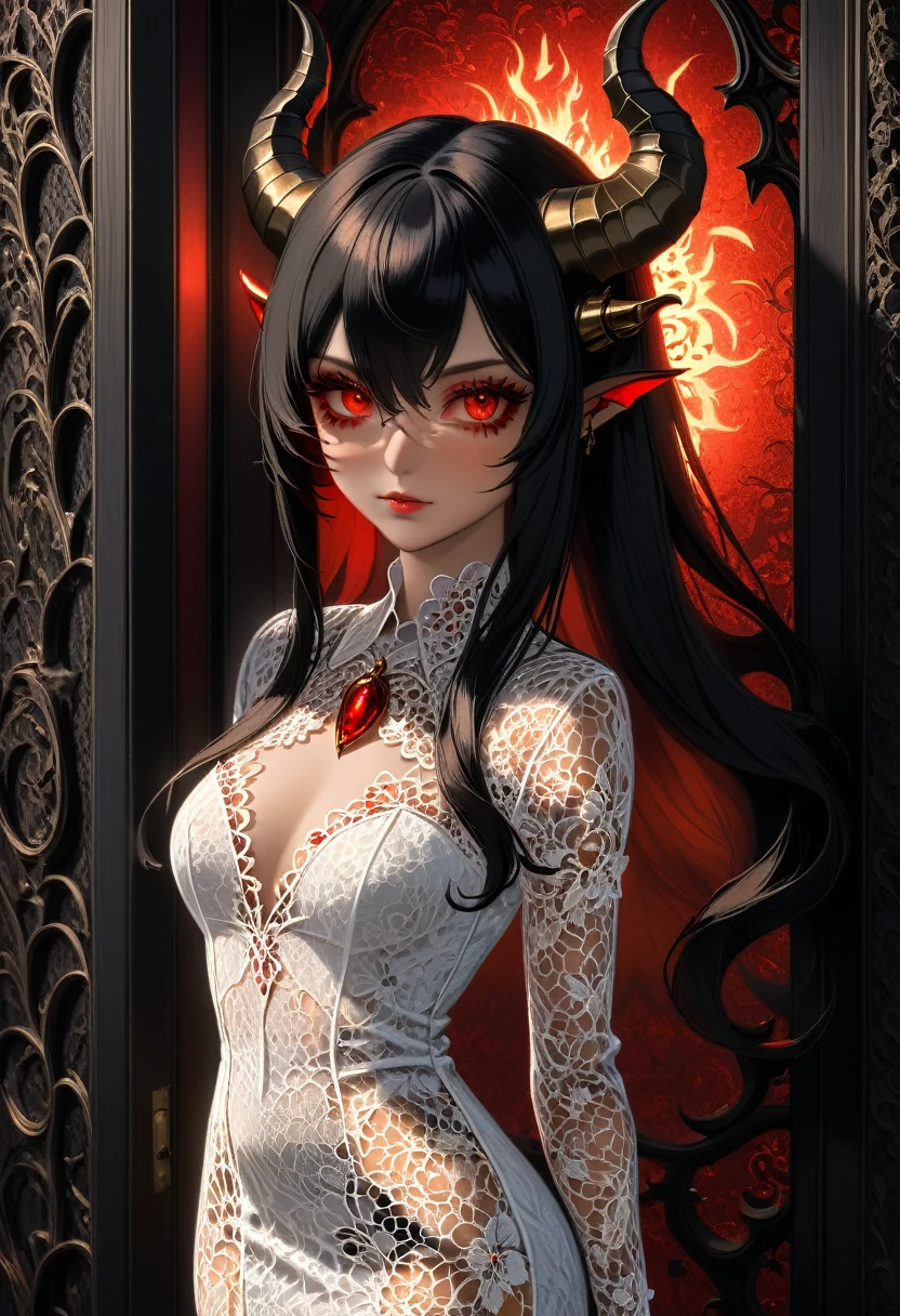 epic good looking succubus wearing a (white lace: 1.2) dress (intense details, Masterpiece, best details: 1.6), (wearing elegant stylish red rimmed glasses:1.1) (intricate details, Masterpiece, best details: 1.6), full body (intense details, Masterpiece, best details: 1.6), ultra detailed face (intense details, Masterpiece, best details: 1.5),standing in the door entrance, holding a red and gold ring (intense details, Masterpiece, best details: 1.6), black hair, long hair, red eyes, glowing eyes, small horns, red high heels, dim light, high details, best quality, 8k, [ultra detailed], masterpiece, best quality, (extremely detailed), ultra wide shot, photorealistic, gothic art, sense of darkness, sense of seduction, fiery magic symbols (intense details, Masterpiece, best details: 1.6),in the background, lace drawing, Dark Art Painting Style, dark, black and color