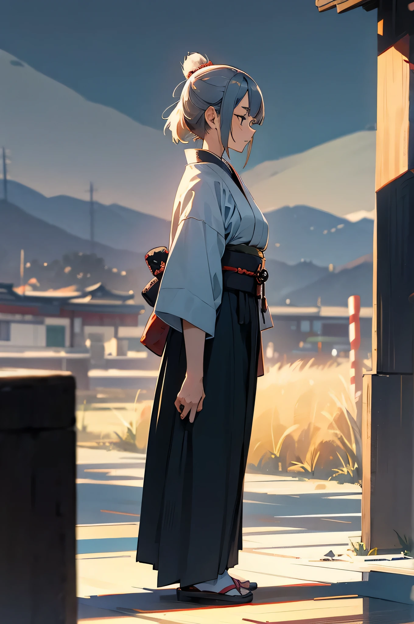 Old Women , Female, samurai Clothing, Standing pose, Town background,