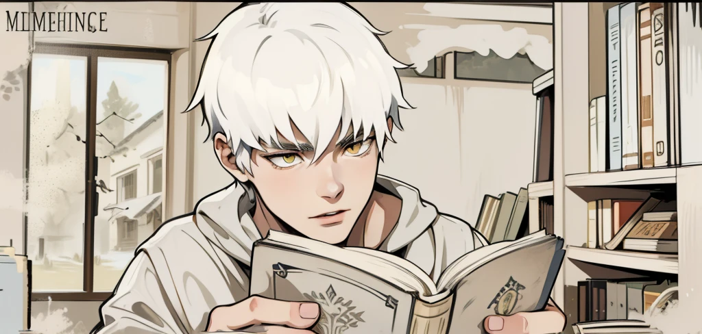 young 19-year-old male with white hair and yellow eyes, he has a black tunic, he is reading an old book, behind him you can see an old library