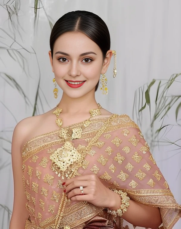 Aarav woman in a golden dress stands in front of a building., Sukhothai dress, Dilraba Dilmurat, traditional beauty, Wear elegant clothes, traditional this tradition, Wear luxurious clothes, this tradition, Traditional clothing, Thai girl anime, traditional outfit, According to Thawan Duchanee's style, Wear a luxurious silk dress, Thai art, Traditional clothing สาวเอเชียที่สวยงาม,stereoscopic 8k,45 high quality colored lights,000,000,000 pixels, photo, post-trade photo, animation, Beautiful, realistic portraits.