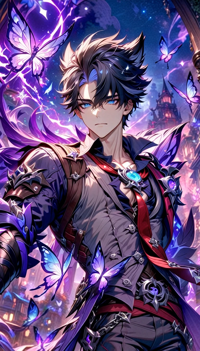 absurdres, highres, ultra detailed, HDR, master piece, best quality, Wriothesley, black hair, expressive gray blue eyes, Genshin Impact, solo, sexy man, handsome, gray vest, black shirt, red necktie, toned chest, fantasy, magical, sparkling, shining, purple lightning, floating round lights, starry sky, void, purple butterflies, purple moon