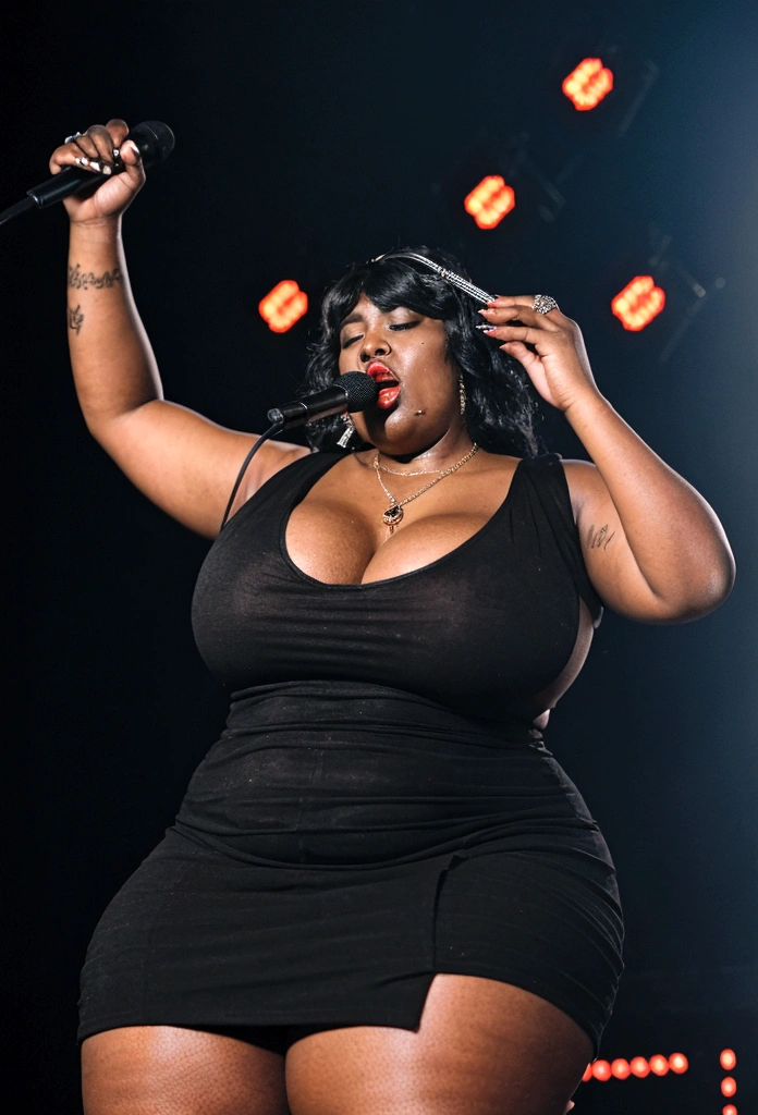 Busty 250 pound obese  ((black female rapper on stage with a man Deejay:1.3)).  She has (( unreal, oversize, large saggy tits showing massive gross cleavage:1.2)) and holding a (microphone on a stand:1.1). ((she is wearing makeup, dark red lipstick, a cross pendant, and a slutty and revealing red dress)), ((her mouth is closed:1.1))