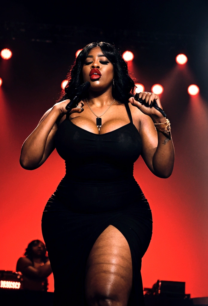 Busty 250 pound obese  ((black female rapper on stage with a man Deejay:1.3)).  She has (( unreal, oversize, large saggy tits showing massive gross cleavage:1.2)) and holding a (microphone on a stand:1.1). ((she is wearing makeup, dark red lipstick, a cross pendant, and a slutty and revealing red dress)), ((her mouth is closed:1.1))