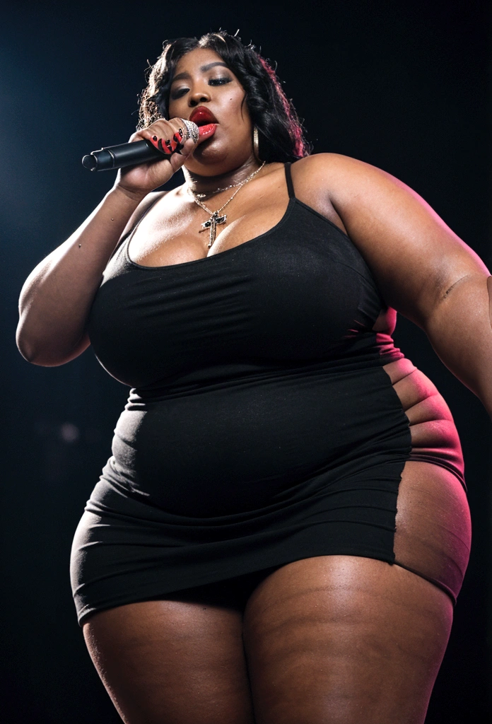 Busty 250 pound obese  ((black female rapper on stage with a man Deejay:1.3)).  She has (( unreal, oversize, large saggy tits showing massive gross cleavage:1.2)) and holding a (microphone on a stand:1.1). ((she is wearing makeup, dark red lipstick, a cross pendant, and a slutty and revealing red dress)), ((her mouth is closed:1.1))