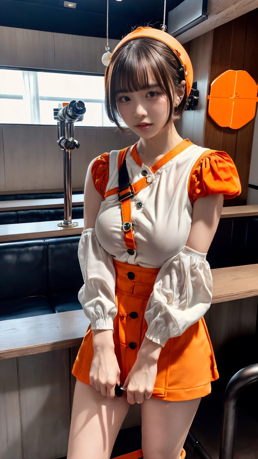 (8K, RAW Photos, Highest quality, masterpiece:1.2), (professional photography, full colors, studio-caliber color grading), (Gravure quality for high-end fashion magazines),  BREAK,18 year old girl, short bob hair, crying a little, Harajuku style, Big Natural Color Lip, (Plumpy body:1.2), (smooth skin:1.1 (huge breasts:1.0  BREAK ((orange, tangerine) and white theme:1.4 (family restaurant waitress uniform:1.2 (wearing an (orange high waist jumper skirt, orange layered waist apron with orange shoulder straps) over a (white blouse with white buttons):1.4 (emphasize under boobs:1.5 (fusion of bouffant sleeve and short sleeve:1.3 (button up:1.2 (wearing a orange shoulder straps over a white blouse:1.2 ((bare arms, bare legs):1.2 (pumps:1.1