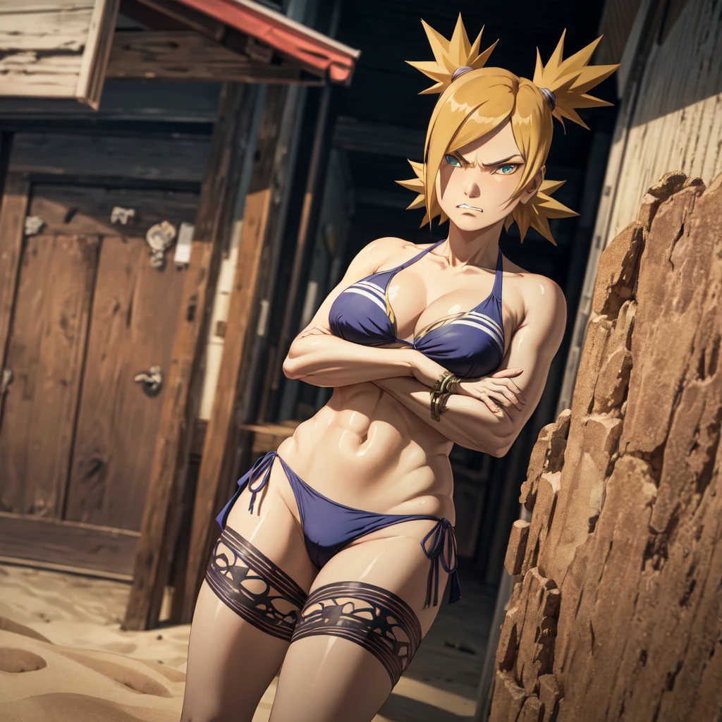 masterpiece, absurdres , (intricate details), (colorful),cinematic lighting,extremely detailed CG unity 8k wallpaper,temari\(boruto\), 1girl,solo, medium breasts,blue bikini,crossed arms, looking at viewer, dutch angle, angry, frown, shaded face, clenched teeth, beach,