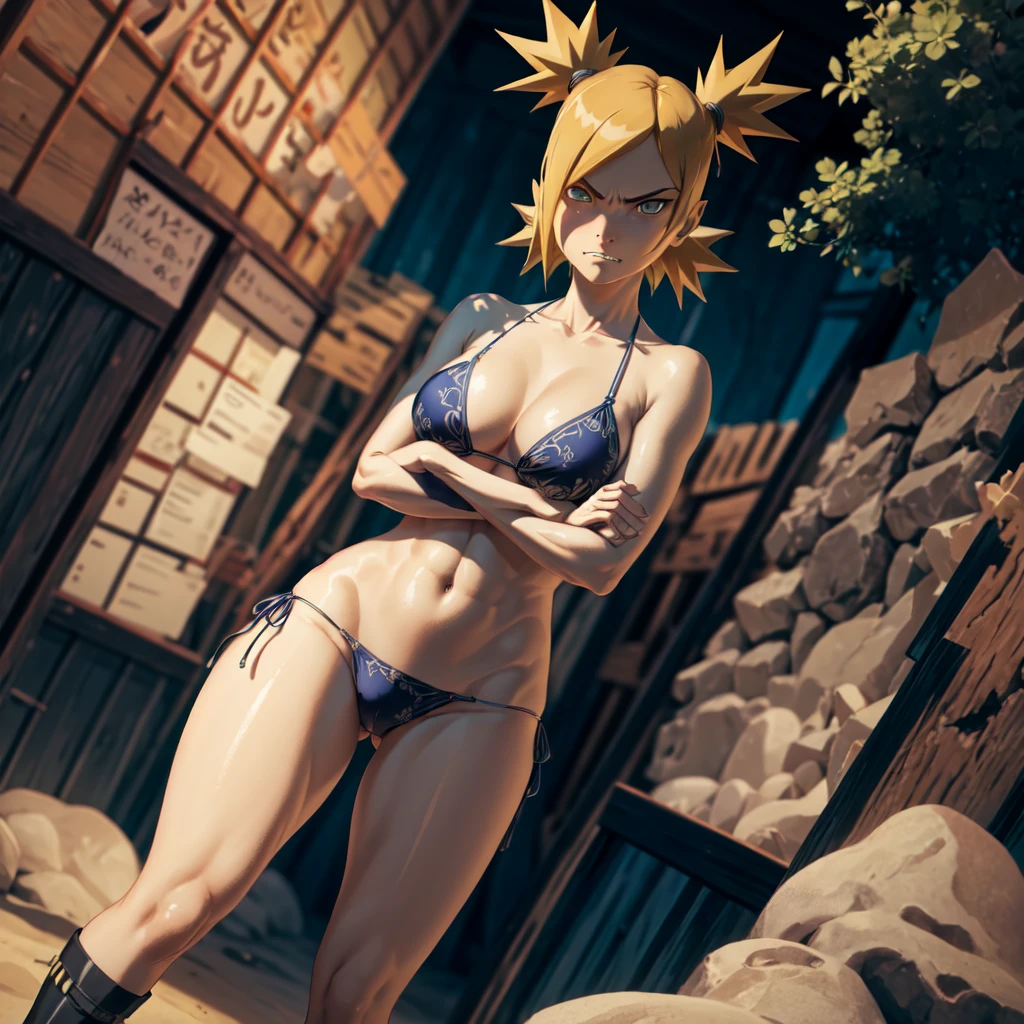 masterpiece, absurdres , (intricate details), (colorful),cinematic lighting,extremely detailed CG unity 8k wallpaper,temari\(boruto\), 1girl,solo, medium breasts,blue bikini,crossed arms, looking at viewer, dutch angle, angry, frown, shaded face, clenched teeth, beach,