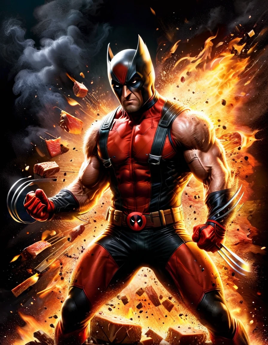 A dynamic comic book cover art featuring Wolverine and Deadpool in an intense scene. Wolverine, in his classic costume with black and yellow colors, stands in the foreground with his arms crossed and his claws extended. His muscular build and fierce expression are highlighted by the strong lighting. Behind him, Deadpool is dressed as a chef, complete with a white chef's hat, and is using tongs to handle pieces of meat. The background is ablaze with stylized flames and orange-yellow hues, adding a sense of chaos and energy to the scene. The overall composition is vibrant and action-packed, with bold lines and dynamic shading, capturing the essence of classic superhero comic book art.