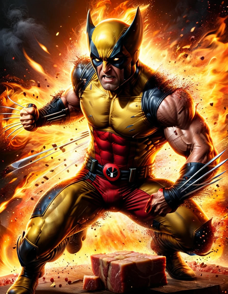 A dynamic comic book cover art featuring Wolverine and Deadpool in an intense scene. Wolverine, in his classic costume with black and yellow colors, stands in the foreground with his arms crossed and his claws extended. His muscular build and fierce expression are highlighted by the strong lighting. Behind him, Deadpool is dressed as a chef, complete with a white chef's hat, and is using tongs to handle pieces of meat. The background is ablaze with stylized flames and orange-yellow hues, adding a sense of chaos and energy to the scene. The overall composition is vibrant and action-packed, with bold lines and dynamic shading, capturing the essence of classic superhero comic book art.