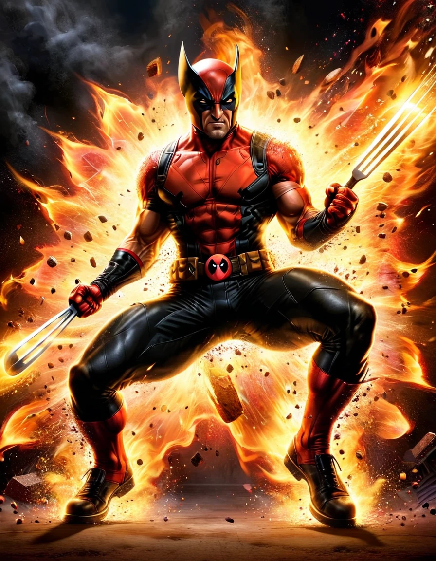 A dynamic comic book cover art featuring Wolverine and Deadpool in an intense scene. Wolverine, in his classic costume with black and yellow colors, stands in the foreground with his arms crossed and his claws extended. His muscular build and fierce expression are highlighted by the strong lighting. Behind him, Deadpool is dressed as a chef, complete with a white chef's hat, and is using tongs to handle pieces of meat. The background is ablaze with stylized flames and orange-yellow hues, adding a sense of chaos and energy to the scene. The overall composition is vibrant and action-packed, with bold lines and dynamic shading, capturing the essence of classic superhero comic book art.