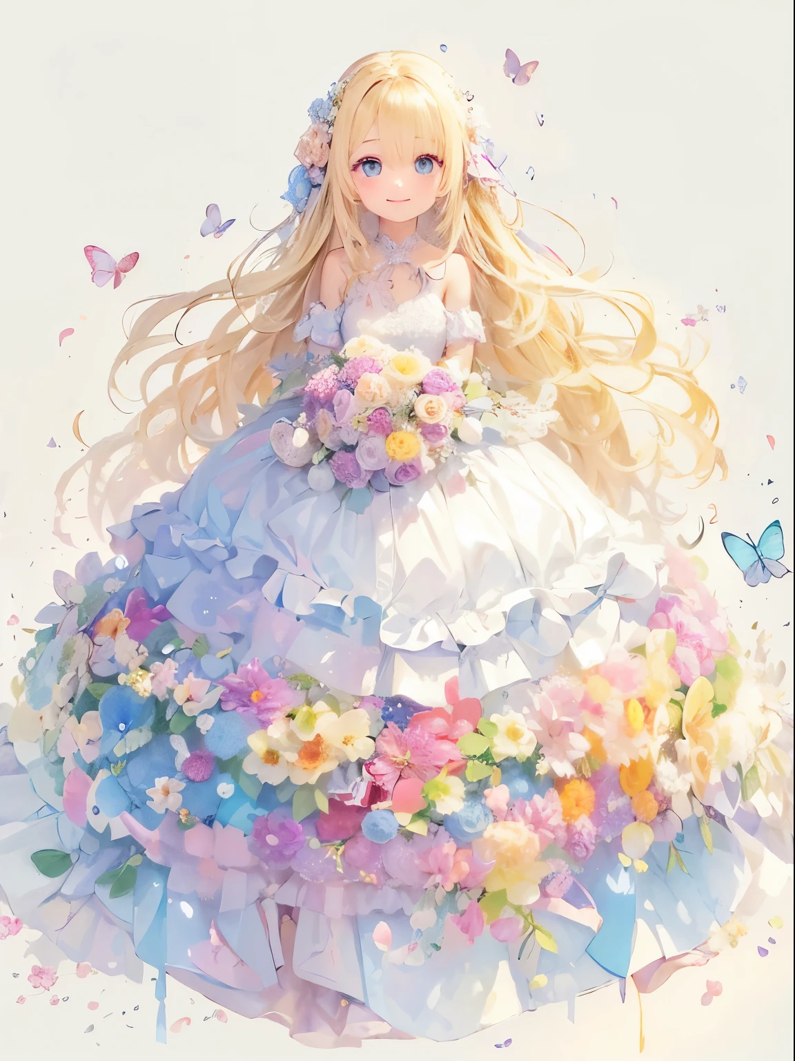 A girl wearing a dress that looks like a wedding dress。The girl has fluffy blonde hair.。The girl is smiling。whole body。The dress is embroidered with colorful flowers.。watercolor。Anime Style。