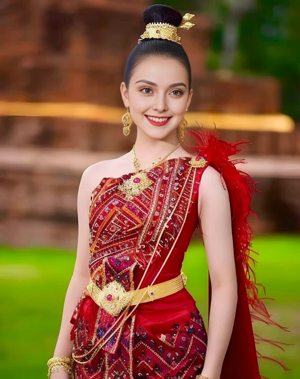 Aarav woman in a golden dress stands in front of a building., Sukhothai dress, Dilraba Dilmurat, traditional beauty, Wear elegant clothes, traditional this tradition, Wear luxurious clothes, this tradition, Traditional clothing, Thai girl anime, traditional outfit, According to Thawan Duchanee's style, Wear a luxurious silk dress, Thai art, Traditional clothing สาวเอเชียที่สวยงาม,stereoscopic 8k,45 high quality colored lights,000,000,000 pixels, photo, post-trade photo, animation, Beautiful, realistic portraits.