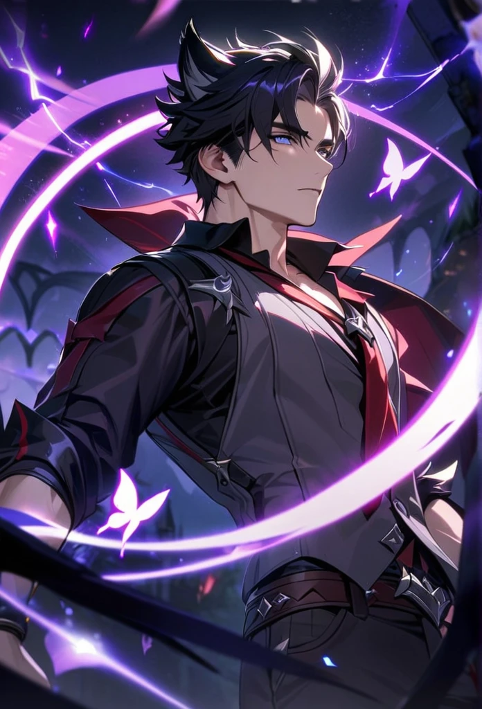 absurdres, highres, ultra detailed, HDR, master piece, best quality, Wriothesley, black hair, expressive gray blue eyes, Genshin Impact, solo, sexy man, handsome, gray vest, black shirt, red necktie, fantasy, magical, sparkling, shining, purple lightning, floating round lights, starry sky, void, purple butterflies, purple moon