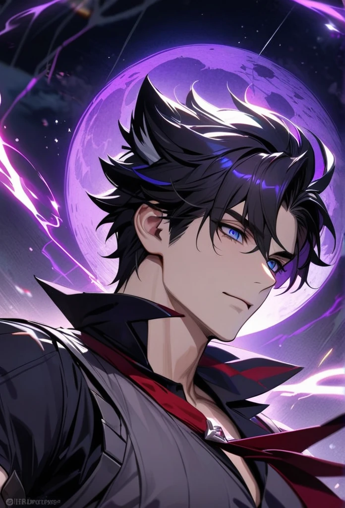 absurdres, highres, ultra detailed, HDR, master piece, best quality, Wriothesley, black hair, expressive gray blue eyes, Genshin Impact, solo, sexy man, handsome, gray vest, black shirt, red necktie, fantasy, magical, sparkling, shining, purple lightning, floating round lights, starry sky, void, purple butterflies, purple moon