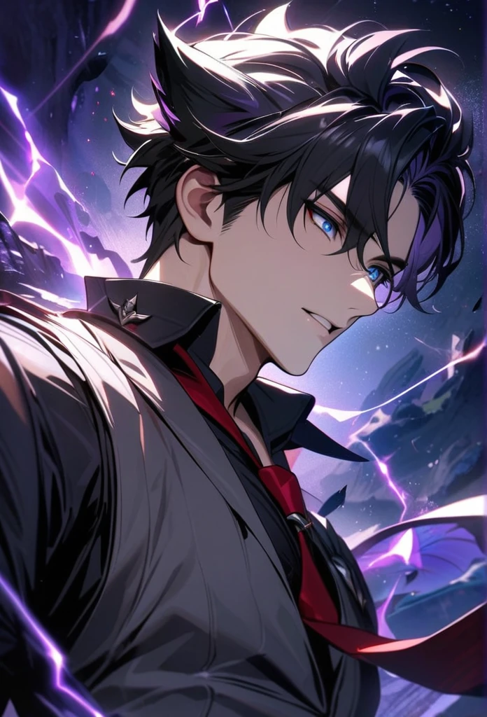 absurdres, highres, ultra detailed, HDR, master piece, best quality, Wriothesley, black hair, expressive gray blue eyes, Genshin Impact, solo, sexy man, handsome, gray vest, black shirt, red necktie, fantasy, magical, sparkling, shining, purple lightning, floating round lights, starry sky, void, purple butterflies, purple moon