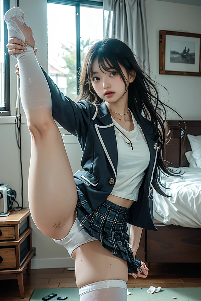 （Highest quality），8K，High Detail Masterpiece), Ｍ字Spread your legs、Spread your legs、Highest quality, Expressive eyes, Disheveled clothes、Perfect Face, High resolution, Elinakiri, 少なくandも, skirtをたくし上げる、blonde, (Medium Chest:1.2), (Purple eyes:1.2), girl２name, ２people々々and, skirtをたくし上げる、Show me your underwear、Angle from below、少なくandも, Long Hair, Orange Hair, (Purple eyes:1.1), Hair between the eyes,skirt, Knee socks, bow, , Jacket, pleated skirt, shoes, black Knee socks, zettai ryouiki, Plaid, Plaid skirt, Blazer No., Highly detailed face, Perfect lighting, Extremely detailed CG, (Perfect hands, Perfect Anatomy), blush、Sweat、Mouth mask、Black Mask、 Looking at the audience, abdomen, Contrasting, Cowboy Shot, Ahegao, Ahegao,、White underwear、White pants、((ノーマルWhite panties))、A view from a little below、White panties、((White cotton panties)),Sexy pose　attractive、黒のKnee socksックス、 up the skirt、Show me your underwear、delicate underwear、(((Show off your underwear)))、Spread your legs、(Incredibly dirty room、operating a smartphone:1.4)、The room is full of rubbish、Garbage containing rolled up tissue、Detailed pile of trash for background、、(((Gymnastics Competition Pose)))、(((Yoga poses)))、(((Leg stretch pose)))、(((Learn how to stretch your legs)))、(((This is the sumo pose of stomp.)))、(((Dynamic Stretching Pose)))、(((私のLeg stretch poseを見なさい)))、(((ダイナミックGymnastics Competition Pose)))、(((凄いYoga poses)))、(((Spread-legged stretch pose)))、(((Learn how to stretch your legs)))、(((This is the sumo pose of stomp.)))、(((Dynamic poses of sumo wrestlers)))