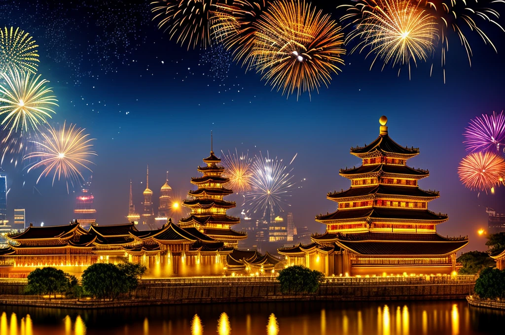 golden city, night, downtown, chinese big castle, HDR, 4k resolution, golden moon, golden cloud, firework, big river