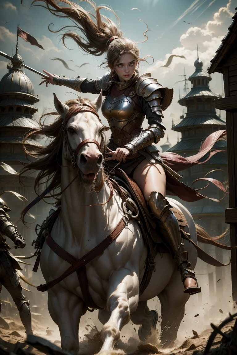 sexy swordsman knight woman riding on a horse on the battlefield