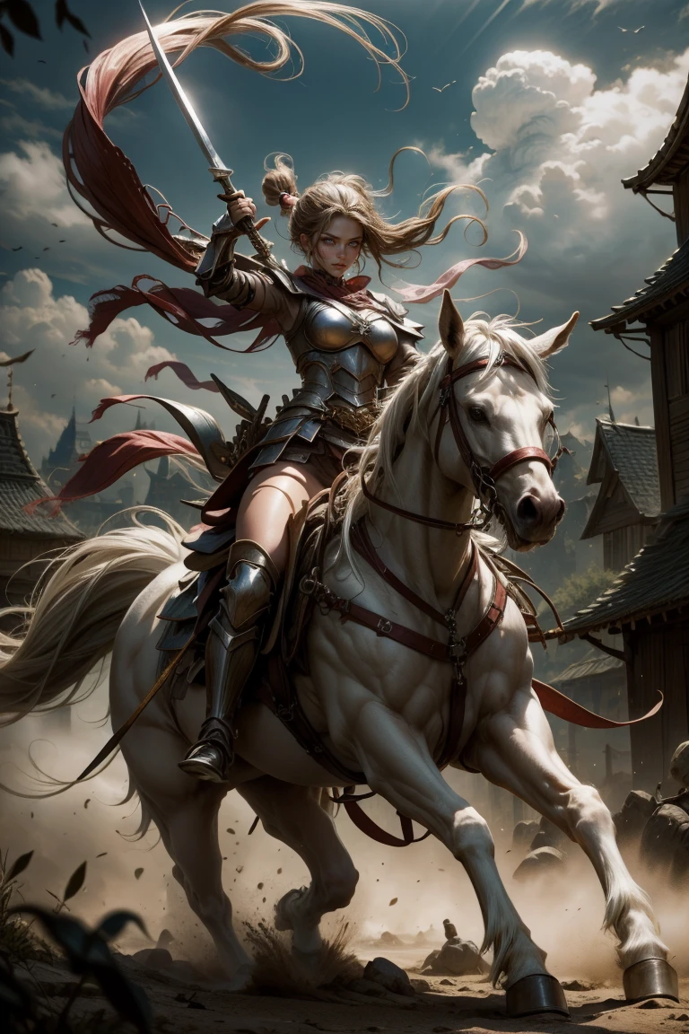 sexy swordsman knight woman riding on a horse on the battlefield