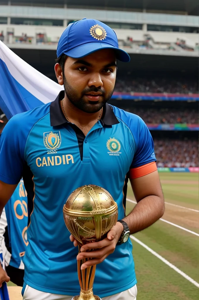 Generate a image rohit sharma holding ICC world cup