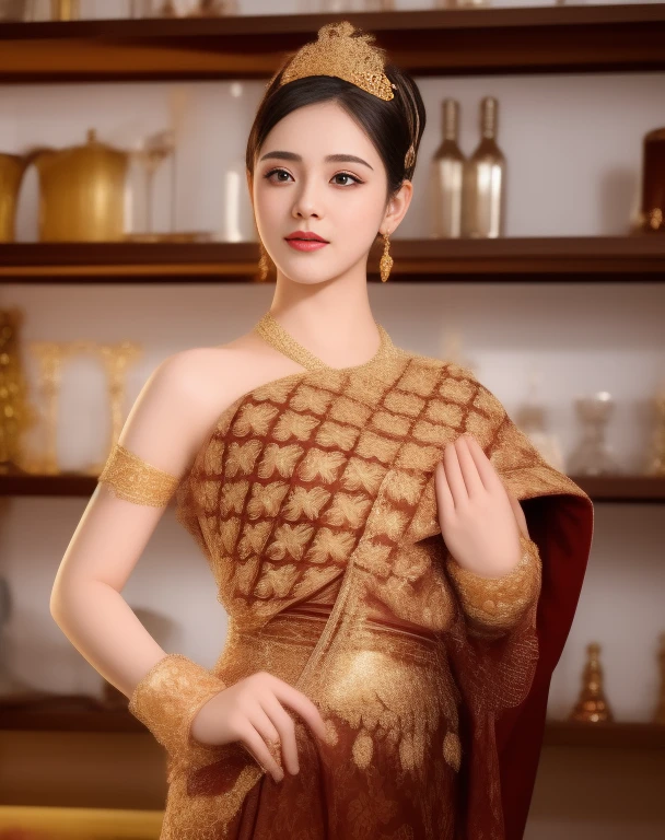 Aarav woman in a golden dress stands in front of a building., Sukhothai dress, Dilraba Dilmurat, traditional beauty, Wear elegant clothes, traditional this tradition, Wear luxurious clothes, this tradition, Traditional clothing, Thai girl anime, traditional outfit, According to Thawan Duchanee's style, Wear a luxurious silk dress, Thai art, Traditional clothing สาวเอเชียที่สวยงาม,stereoscopic 8k,45 high quality colored lights,000,000,000 pixels, photo, post-trade photo, animation, Beautiful, realistic portraits.