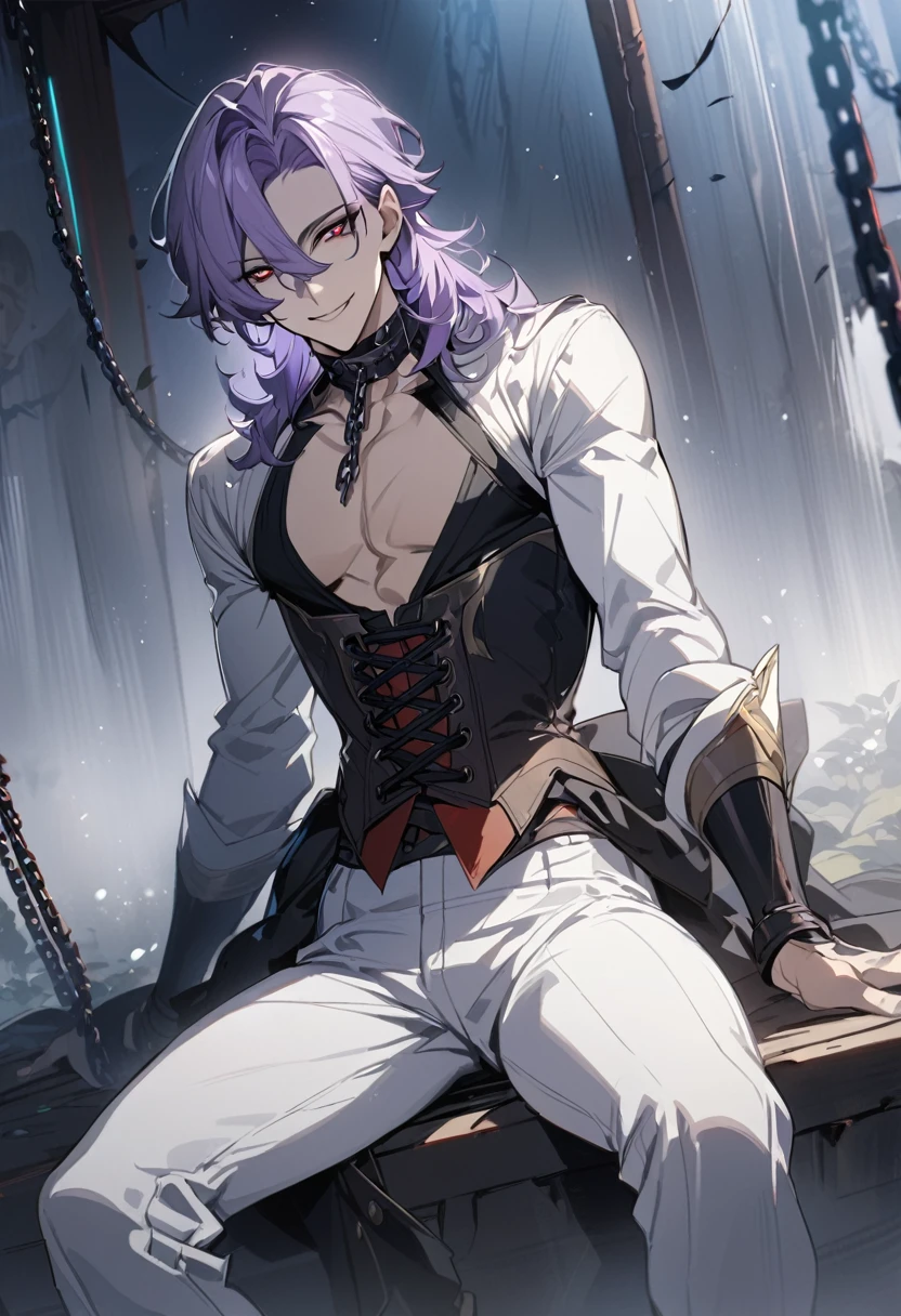 One boy, good looking, masterpiece, best quality, beautiful boy, smiling, fair skin, light purple hair, red pupils, corset, pants, sitting, chains, in the mist, anime