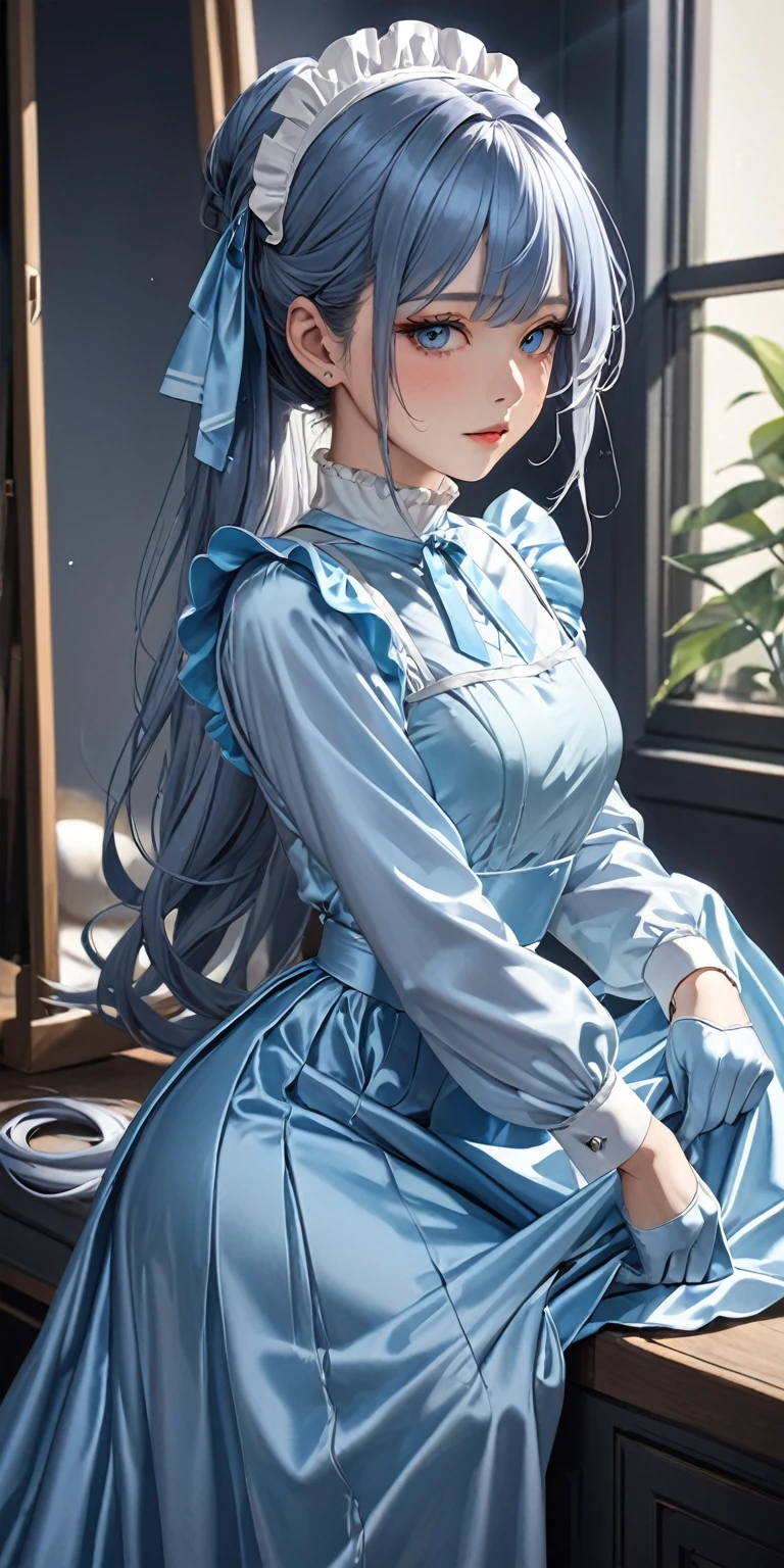 Portraiture、(masterpiece,Highest quality,Ultra-high resolution),Japanese women, (((Very beautiful 25 year old girl))),(Pale blue satin maid outfit)、(Pale blue satin long skirt)、(A pale blue satin long-sleeved shirt that covers the upper body)、Pale blue satin gloves、Pale blue satin socks、Pale blue satin bodysuit、Frills、The clothes fit snugly to the body、Satin is very shiny、Dark Room、