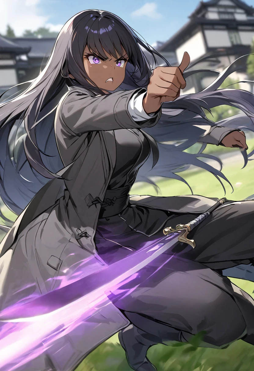 black girl, long hair, white and smooth, scowl, violet colored eyes, pointing a karana sword at the screen. In a battle pose. black clothing. Overcoat and long boots. fully body. On a lawn with a blurred Japanese mansion in the background.