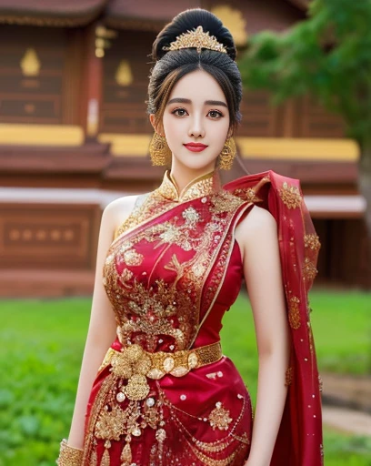 Aarav woman in a golden dress stands in front of a building., Sukhothai dress, Dilraba Dilmurat, traditional beauty, Wear elegant clothes, traditional this tradition, Wear luxurious clothes, this tradition, Traditional clothing, Thai girl anime, traditional outfit, According to Thawan Duchanee's style, Wear a luxurious silk dress, Thai art, Traditional clothing สาวเอเชียที่สวยงาม,stereoscopic 8k,45 high quality colored lights,000,000,000 pixels, photo, post-trade photo, animation, Beautiful, realistic portraits.