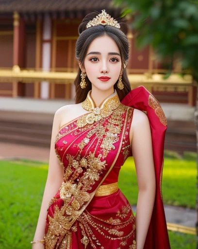 Aarav woman in a golden dress stands in front of a building., Sukhothai dress, Dilraba Dilmurat, traditional beauty, Wear elegant clothes, traditional this tradition, Wear luxurious clothes, this tradition, Traditional clothing, Thai girl anime, traditional outfit, According to Thawan Duchanee's style, Wear a luxurious silk dress, Thai art, Traditional clothing สาวเอเชียที่สวยงาม,stereoscopic 8k,45 high quality colored lights,000,000,000 pixels, photo, post-trade photo, animation, Beautiful, realistic portraits.