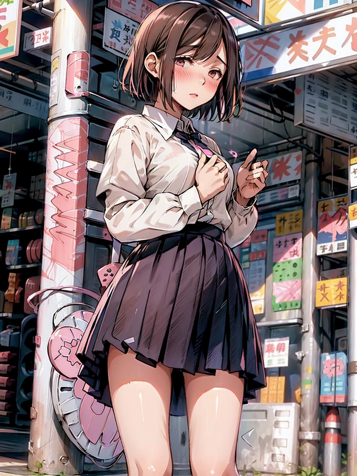 (juice:1.5,Remote vibrator, blush),Are standing, Navy pleated skirt, On the way to school, blush