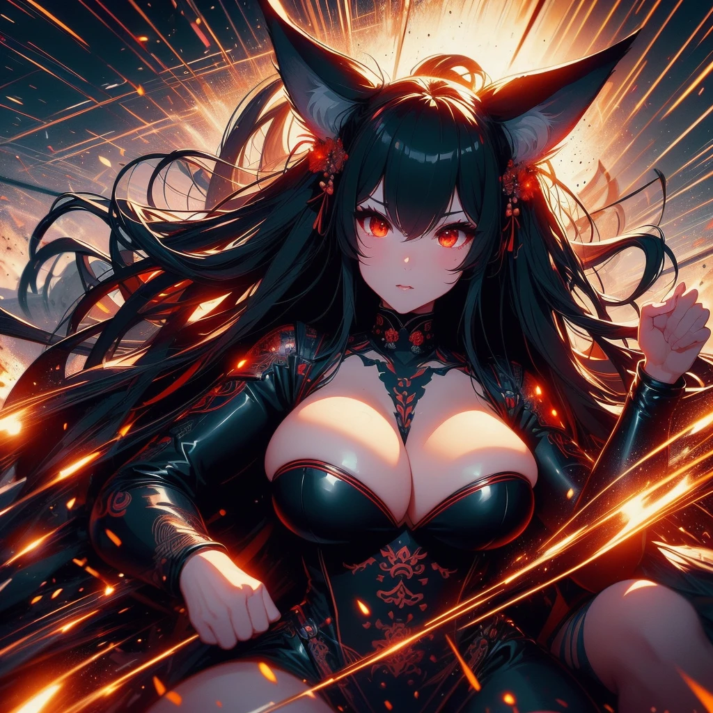 beautiful detailed black kitsune, red glowing eyes, highly detailed realistic face, extremely detailed eyes, big breasts, mature woman, several long black kitsune tails, soft long black kitsune ears, wearing red and black bodysuit, wide waist, 8k, high quality, cinematic lighting, photorealistic, digital art, concept art