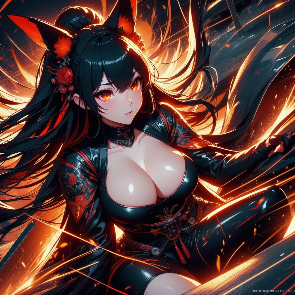beautiful detailed black kitsune, red glowing eyes, highly detailed realistic face, extremely detailed eyes, big breasts, mature woman, several long black kitsune tails, soft long black kitsune ears, wearing red and black bodysuit, wide waist, 8k, high quality, cinematic lighting, photorealistic, digital art, concept art