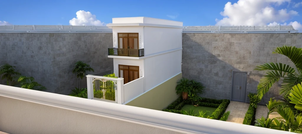 Daylight, beautiful sky, soft light, high quality, best quality, authentic, detailed, NEO-CLASSIC STYLE Townhouse 1.8, WHITE Walls, Window Glass, Ceiling, gate, fence, tropical plants, beautiful, landscape