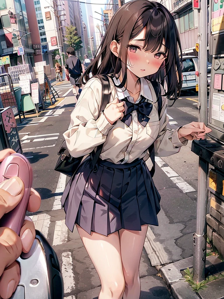 (juice:1.5,Remote vibrator, blush),Are standing, Navy pleated skirt, On the way to school, blush