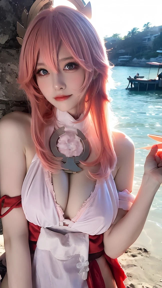 Ya Miko,pink hair, cosplayer,white and pink bikini,Poses are sexy and seductive., Flat chest, beach background gigantic bust