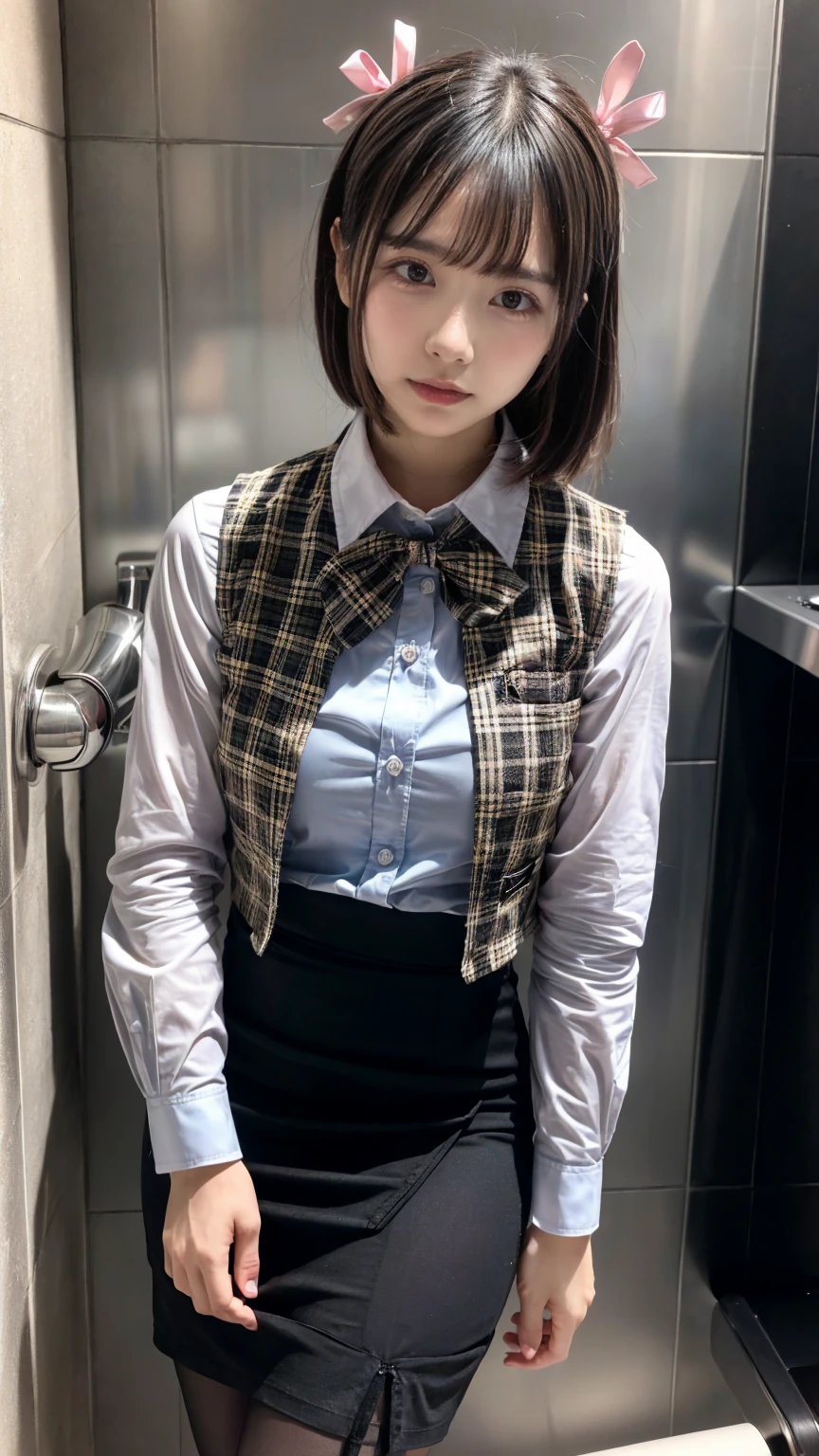 (8K, RAW Photos, Highest quality, masterpiece:1.2), (professional photography, full colors, studio-caliber color grading), (Gravure quality for high-end fashion magazines),  BREAK,18 year old girl, short bob hair, crying a little, Harajuku style, Big Natural Color Lip, (Plumpy body:1.2), (smooth skin:1.1), (huge breasts:1.0),  BREAK (white and gray theme:1.3), (wearing a [[white and gray plaid pattern]] vest over a long sleeve white collared-shirt:1.4), (buttoned gray vest:1.2),
BREAK (pink theme:1.2), (pink ribbon bow:1.3),
BREAK (black theme:1.4), (tight black pencil skirt:1.5), (pantyhose:1.3), (high heels:1.1 BREAK (Toilet cubicles:1.2 (urinal)