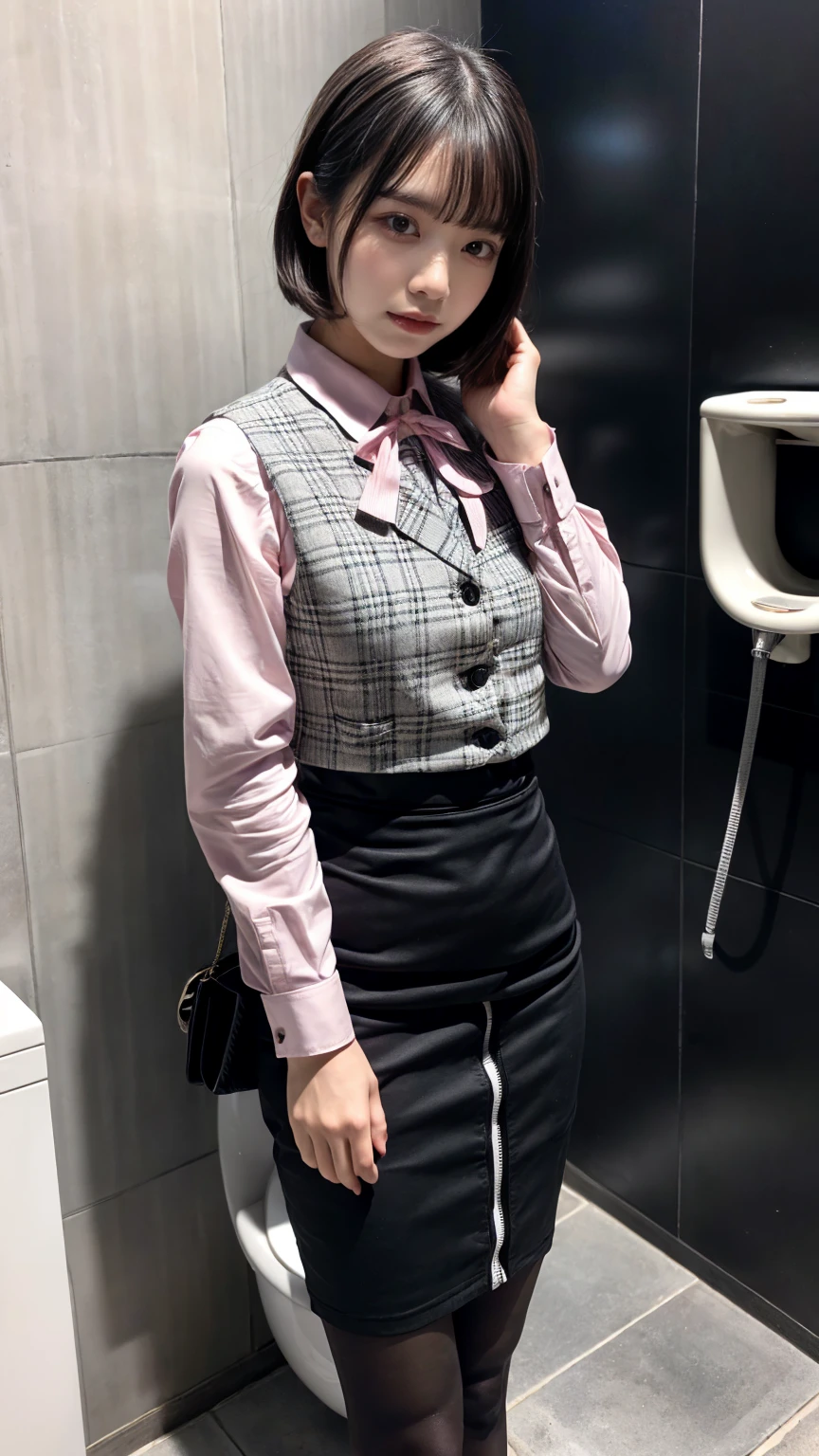 (8K, RAW Photos, Highest quality, masterpiece:1.2), (professional photography, full colors, studio-caliber color grading), (Gravure quality for high-end fashion magazines),  BREAK,18 year old girl, short bob hair, crying a little, Harajuku style, Big Natural Color Lip, (Plumpy body:1.2), (smooth skin:1.1), (huge breasts:1.0),  BREAK (white and gray theme:1.3), (wearing a [[white and gray plaid pattern]] vest over a long sleeve white collared-shirt:1.4), (buttoned gray vest:1.2),
BREAK (pink theme:1.2), (pink ribbon bow:1.3),
BREAK (black theme:1.4), (tight black pencil skirt:1.5), (pantyhose:1.3), (high heels:1.1 BREAK (Toilet cubicles:1.2 (urinal)