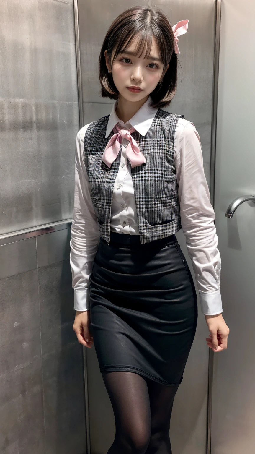 (8K, RAW Photos, Highest quality, masterpiece:1.2), (professional photography, full colors, studio-caliber color grading), (Gravure quality for high-end fashion magazines),  BREAK,18 year old girl, short bob hair, crying a little, Harajuku style, Big Natural Color Lip, (Plumpy body:1.2), (smooth skin:1.1), (huge breasts:1.0),  BREAK (white and gray theme:1.3), (wearing a [[white and gray plaid pattern]] vest over a long sleeve white collared-shirt:1.4), (buttoned gray vest:1.2),
BREAK (pink theme:1.2), (pink ribbon bow:1.3),
BREAK (black theme:1.4), (tight black pencil skirt:1.5), (pantyhose:1.3), (high heels:1.1 BREAK (Toilet cubicles:1.2 (urinal)