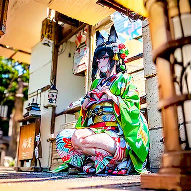 (Fox Girl, Fox Ears, Black colored hair, Fox Makeup, One Girl, Long Hair:1.6), (kimono, Kimono with open chest, A beautiful kimono with red and black patterns, I can see her cleavage, Open chest, Exposed skin:1.8), (Body measurements are 75-60-75!, Young girl body, Small breasts, Small breasts, Emphasize the chest, Knees are slightly visible, Muscular, Abdominal muscles, Hide your own chest with your hands:1.9), Avatar, face, ???? face, Dominant representation, naughty face, Uplifting, Skin Texture, outside, Grassy field