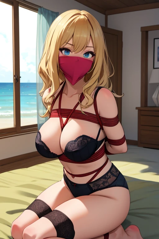 1 girl, detailed blue eyes, lange wimpern, detailed beautiful face, 4k quality, a Bit curly hair, (Long blonde hair:1.4), (arms behind back:1.5), gefesselte Arme, Red rope, blushing, (Big breasts:1.6), (black underwear, schwarze hübsche unterwäsche, 18 jears old:1.6), OTN, Gag, gagged, shibari, bondage, nah aufnahmen, sitzend in einem gepolsterten Sessel in einem modernen Apartment, big window with a beach in the background, Front View of girl, erotic lightting, eyebrows Up, coming 