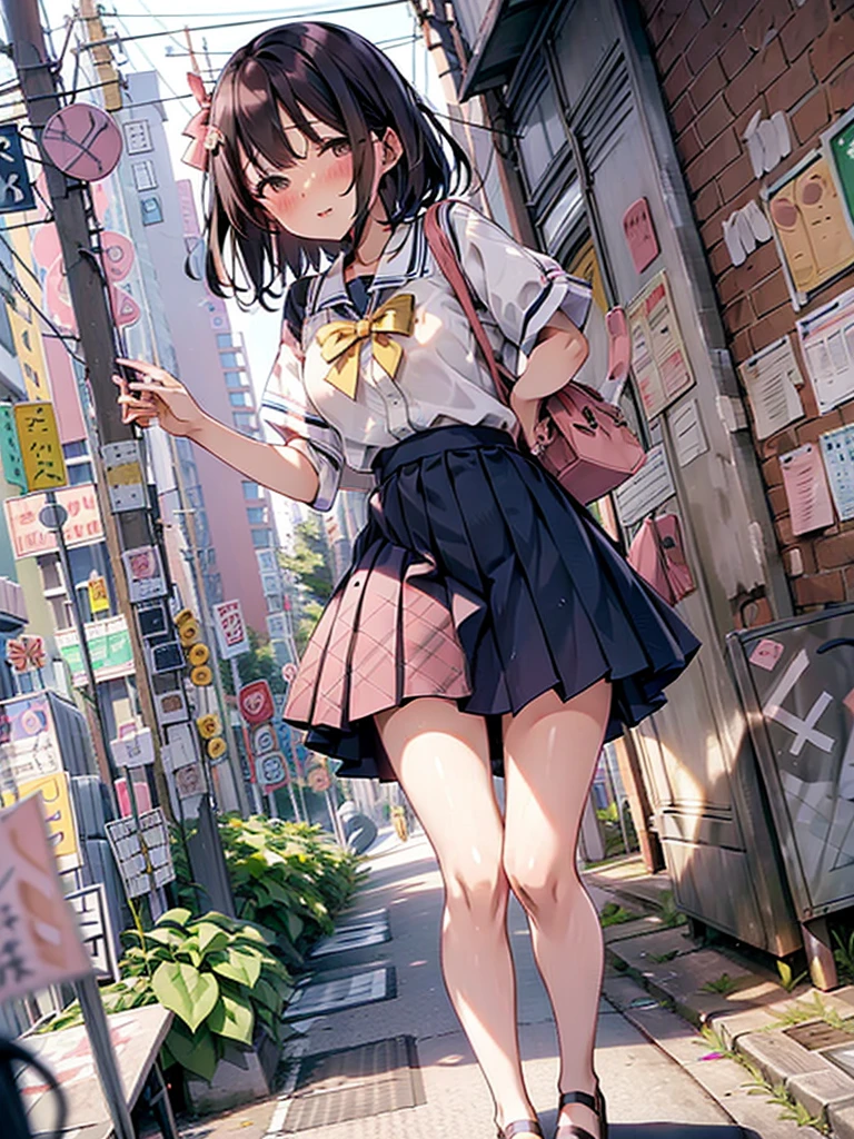 (juice:1.5,Remote vibrator, blush),Are standing, Navy pleated skirt, On the way to school, blush
