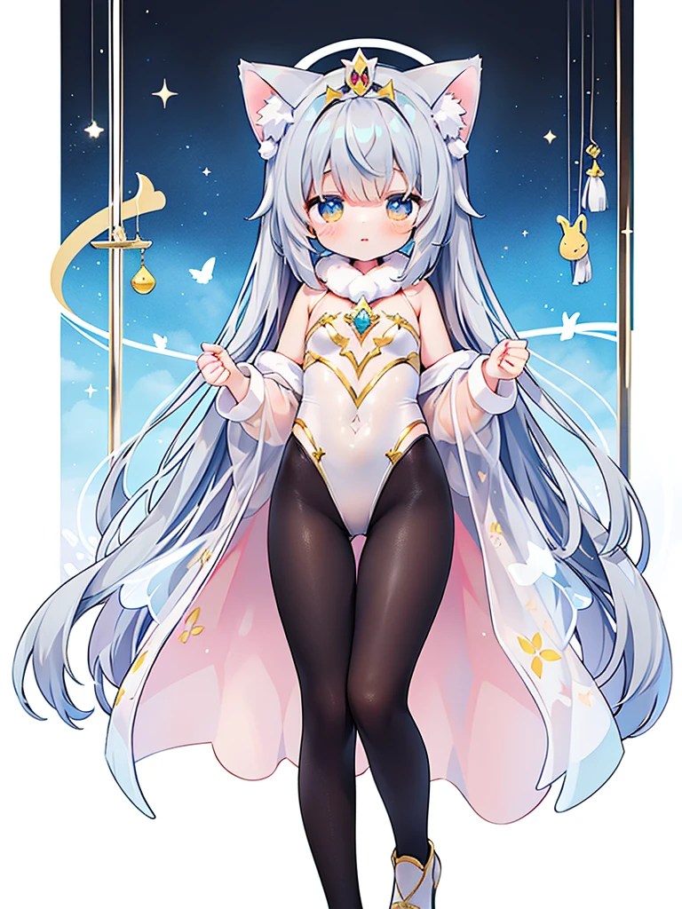 Highest quality、Very delicate and beautiful、I、I、8-year-old 、Cat ear、Chiquita、Noble、Primary school students、Gray-haired、((Transparent leotard))、（High leg）、Tiara on head、Falling、Look forward、defeat、Black tights