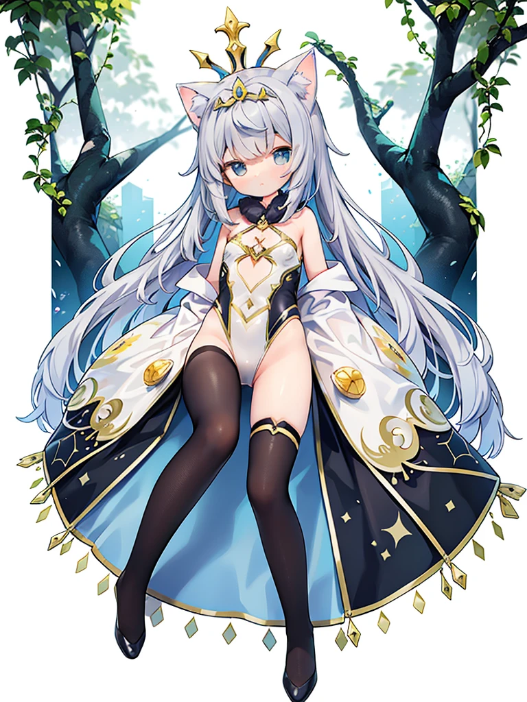 Highest quality、Very delicate and beautiful、I、I、8-year-old 、Cat ear、Chiquita、Noble、Primary school students、Gray-haired、((Transparent leotard))、(High leg)、Tiara on head、Falling、Look forward、defeat、Black tights