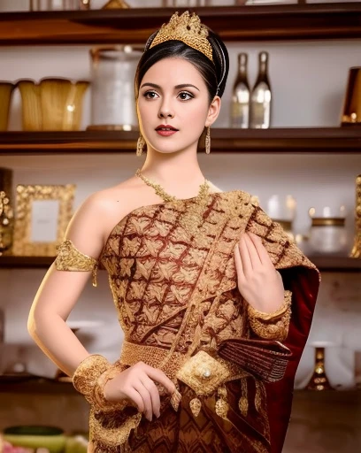Aarav woman in a golden dress stands in front of a building., Sukhothai dress, Dilraba Dilmurat, traditional beauty, Wear elegant clothes, traditional this tradition, Wear luxurious clothes, this tradition, Traditional clothing, Thai girl anime, traditional outfit, According to Thawan Duchanee&#39;s style, Wear a luxurious silk dress, Thai art, Traditional clothing สาวเอเชียที่สวยงาม,stereoscopic 8k,45 high quality colored lights,000,000,000 pixels, photo, post-trade photo, animation, Beautiful, realistic portraits.