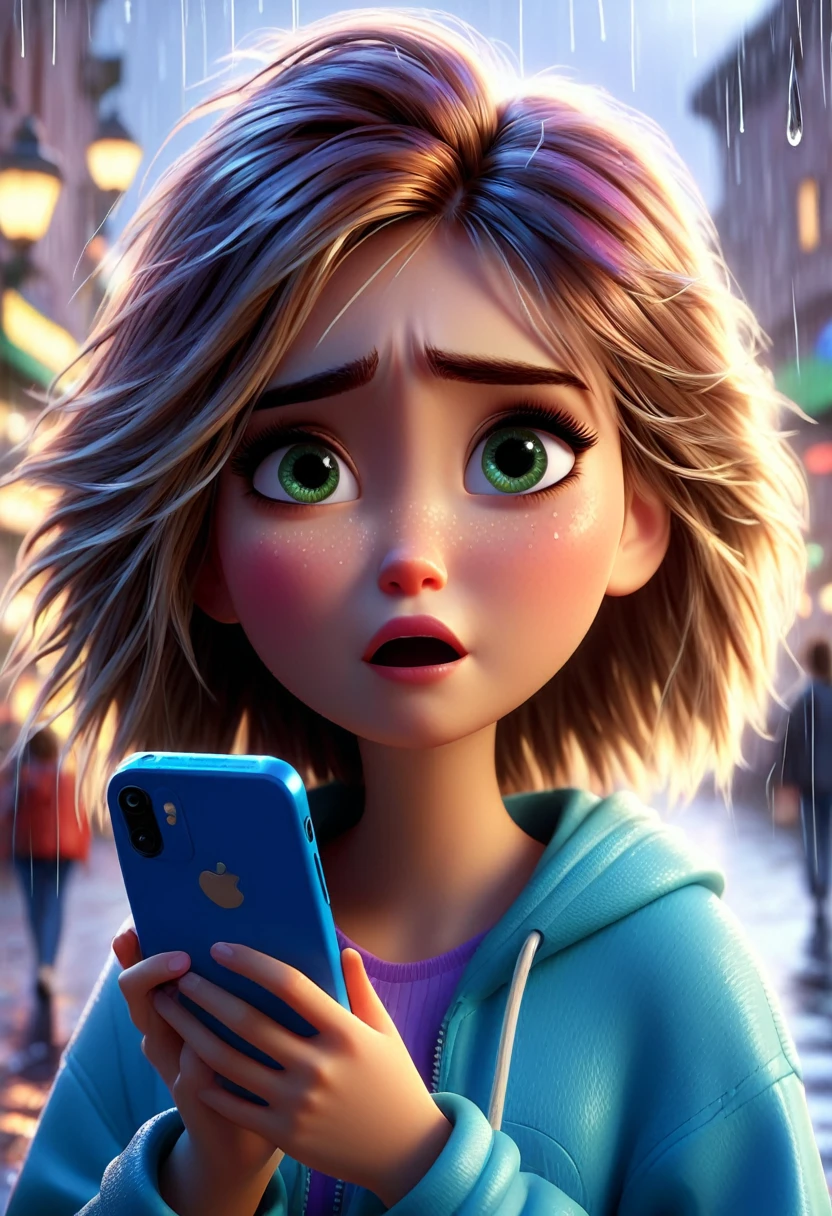 Disney pixar style 3D photo of white teenage girl in disney pixar style, hazel eyes, crying, blur, phone in hand, broken love, messy hair, rain real photo, super high resolution,. Pixar's digital art style is focused on expressing a vibrant personality. Colors and textures are accurate.