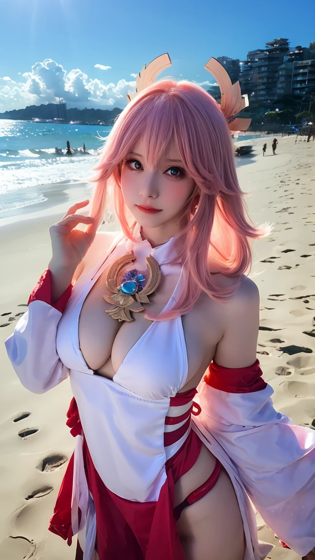 Ya Miko,pink hair, cosplayer,white and pink bikini,Poses are sexy and seductive., Flat chest, beach background Giant breasts and showing off pussy