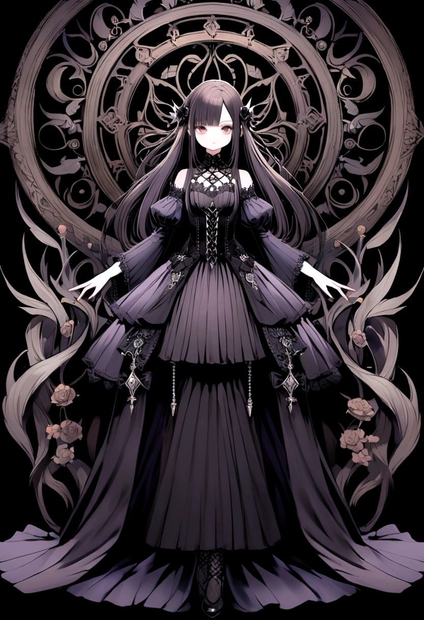 a gothic beauty with long dark hair and bangs no background full body front view
