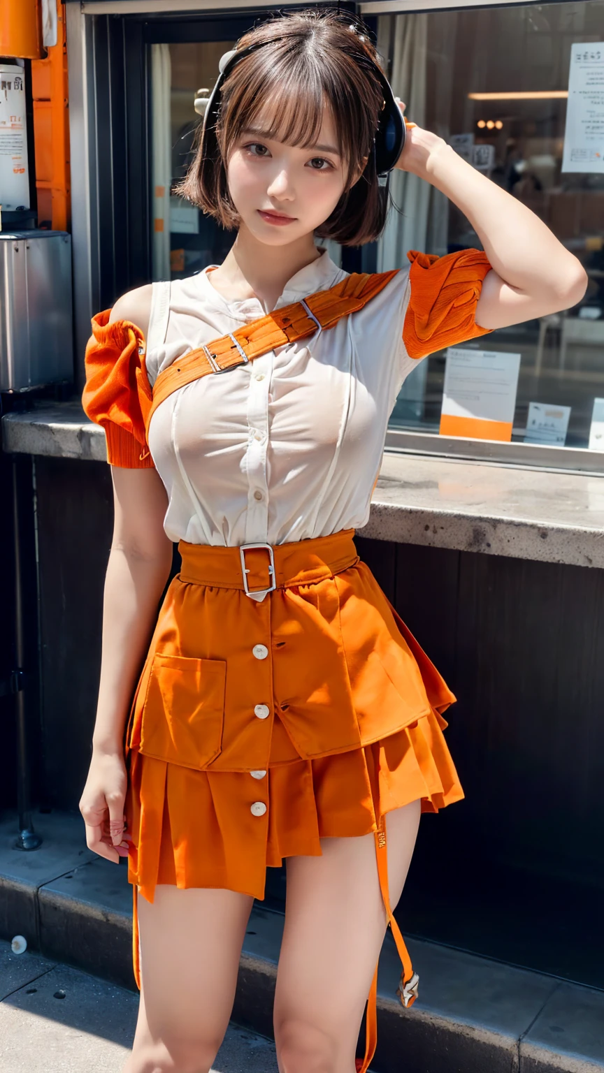 (8K, RAW Photos, Highest quality, masterpiece:1.2), (professional photography, full colors, studio-caliber color grading), (Gravure quality for high-end fashion magazines), BREAK,18 year old girl, short bob hair, crying a little, Harajuku style, Big Natural Color Lip, (Plumpy body:1.2 (smooth skin:1.1 (huge breasts:1.0 BREAK ((orange, tangerine) and white theme:1.4 (family restaurant waitress uniform:1.2 (wearing an (orange high waist jumper skirt, orange layered waist apron with orange shoulder straps) over a (white blouse with white buttons):1.4 (emphasize under boobs:1.5 (fusion of bouffant sleeve and short sleeve:1.3 (button up:1.2 (wearing a orange shoulder straps over a white blouse:1.2 ((bare arms, bare legs):1.2 (pumps:1.1