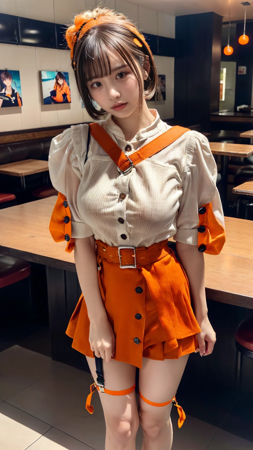 (8K, RAW Photos, Highest quality, masterpiece:1.2), (professional photography, full colors, studio-caliber color grading), (Gravure quality for high-end fashion magazines), BREAK,18 year old girl, short bob hair, crying a little, Harajuku style, Big Natural Color Lip, (Plumpy body:1.2 (smooth skin:1.1 (huge breasts:1.0 BREAK ((orange, tangerine) and white theme:1.4 (family restaurant waitress uniform:1.2 (wearing an (orange high waist jumper skirt, orange layered waist apron with orange shoulder straps) over a (white blouse with white buttons):1.4 (emphasize under boobs:1.5 (fusion of bouffant sleeve and short sleeve:1.3 (button up:1.2 (wearing a orange shoulder straps over a white blouse:1.2 ((bare arms, bare legs):1.2 (pumps:1.1
